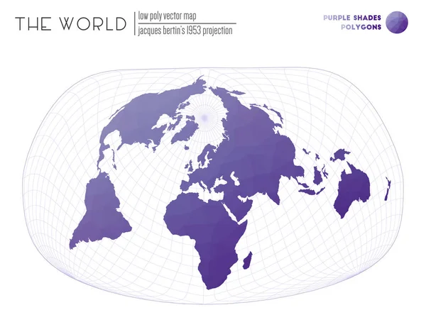 Mappa del mondo in stile poligonale Jacques Bertins 1953 proiezione del mondo Colori porpora — Vettoriale Stock