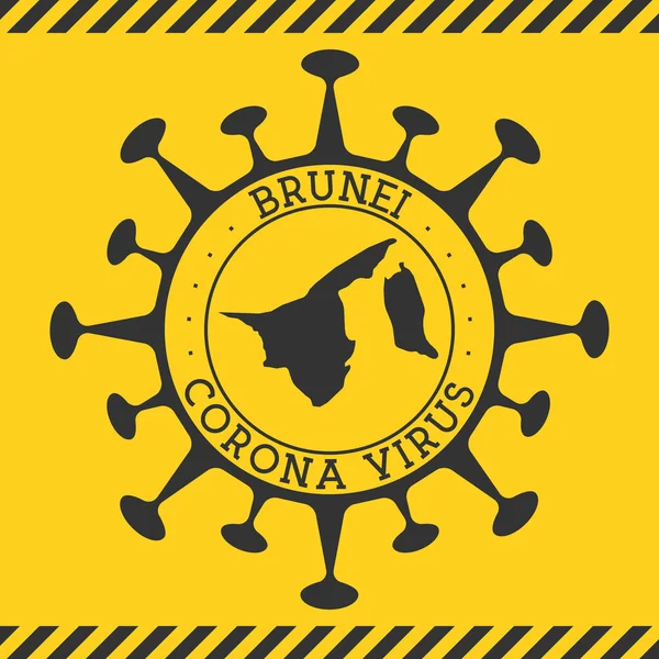 Corona virus i Brunei tecken Rund bricka med form av virus och Brunei karta Gul land epidemi — Stock vektor