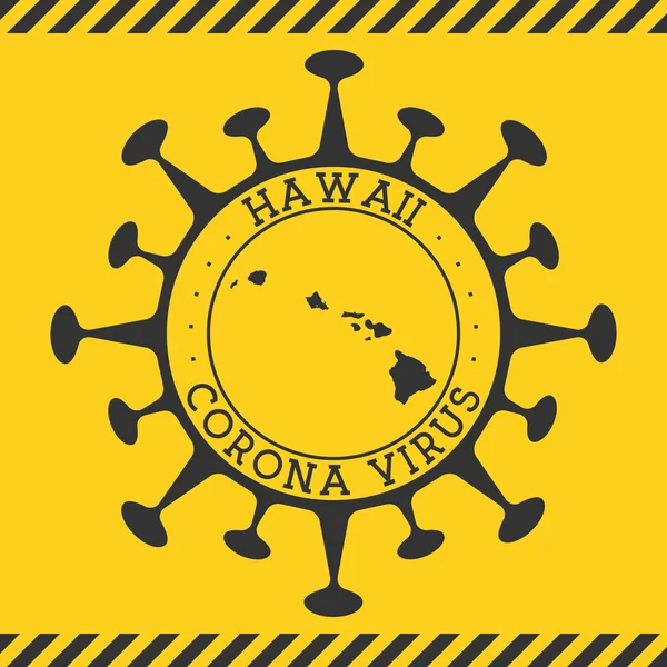 Hawaii 'deki Corona virüsü virüs şeklinde ve Hawaii haritalı yuvarlak rozet imzaladı. — Stok Vektör