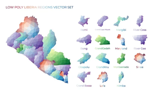 Liberian low poly regions Polygonal map of Liberia with regions Geometric maps for your design — Stock Vector