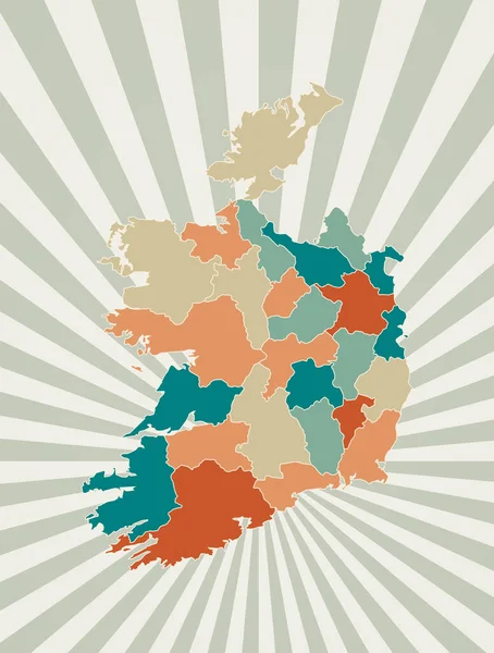 アイルランド地図レトロカラーパレットで国の地図を持つポスターアイルランドの形状と日の出 — ストックベクタ