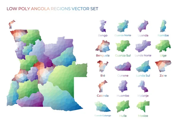 Angolan low poly regions Mapa poligonal de Angola con regiones Mapa geométrico para su diseño — Vector de stock