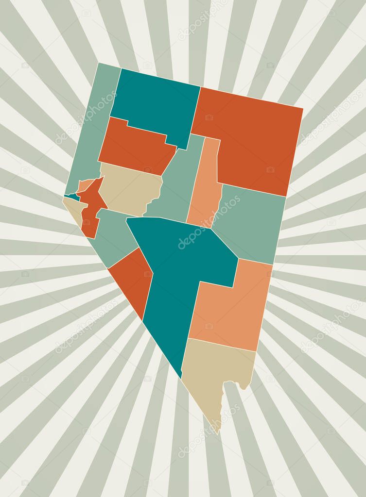 Nevada map Poster with map of the us state in retro color palette Shape of Nevada with sunburst