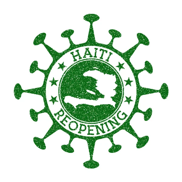 Haití reapertura sello verde ronda insignia del país con mapa de Haití País apertura después — Vector de stock