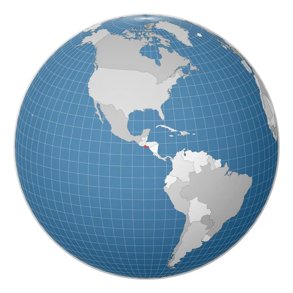 Globe centered to Republic of El Salvador Země zvýrazněná zelenou barvou na mapě světa — Stockový vektor