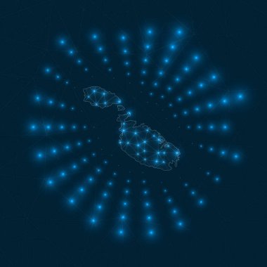 Malta dijital haritası Ağ bağlantıları ve telekomünikasyondan yayılan parıldayan ışınlar