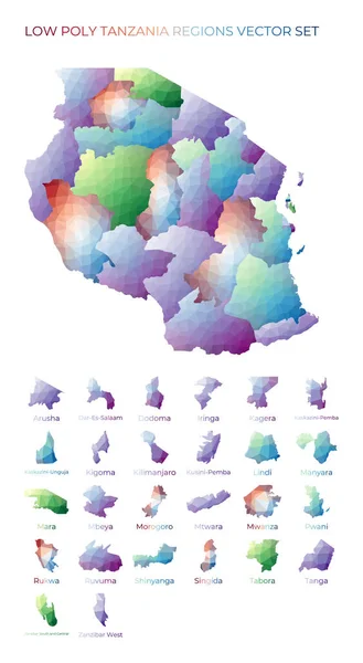 Tanzania baja poli regiones Mapa poligonal de Tanzania con regiones Mapas geométricos para su diseño — Vector de stock