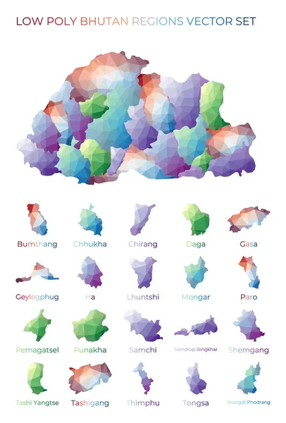 Bhutanesiska lågpoly regioner Polygonal karta över Bhutan med regioner Geometriska kartor för din design — Stock vektor