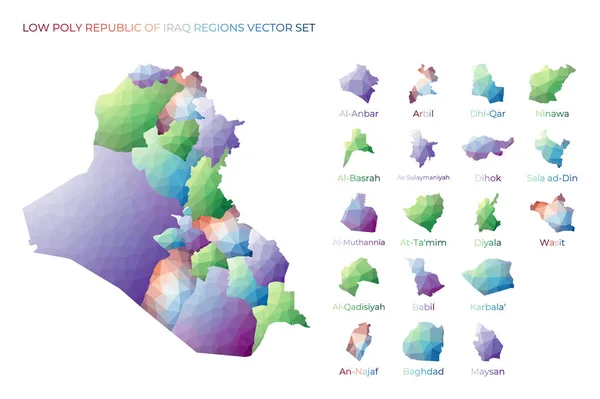 Regioni a basso poligono irachene Mappa poligonale della Repubblica dell'Iraq con regioni Mappe geometriche per te — Vettoriale Stock