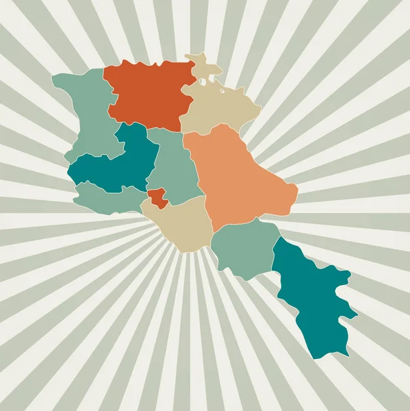 Arménia mapa Cartaz com mapa do país em paleta de cores retro Forma da Arménia com sunburst —  Vetores de Stock