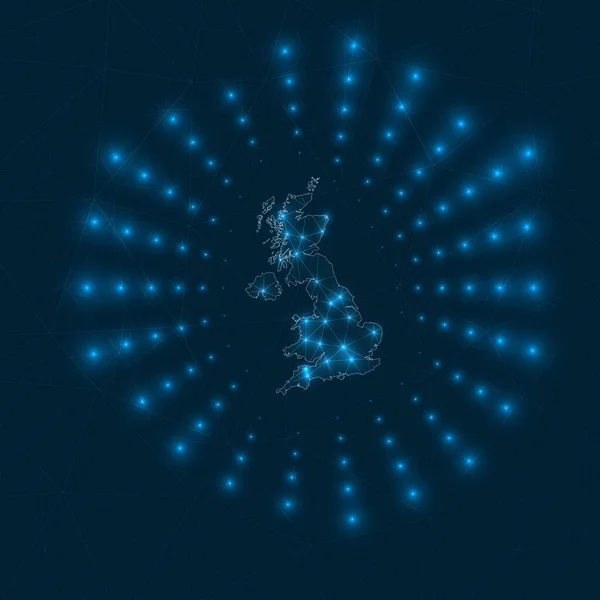 Reino Unido mapa digital Rayos brillantes que irradian desde el país Conexiones de red y — Vector de stock