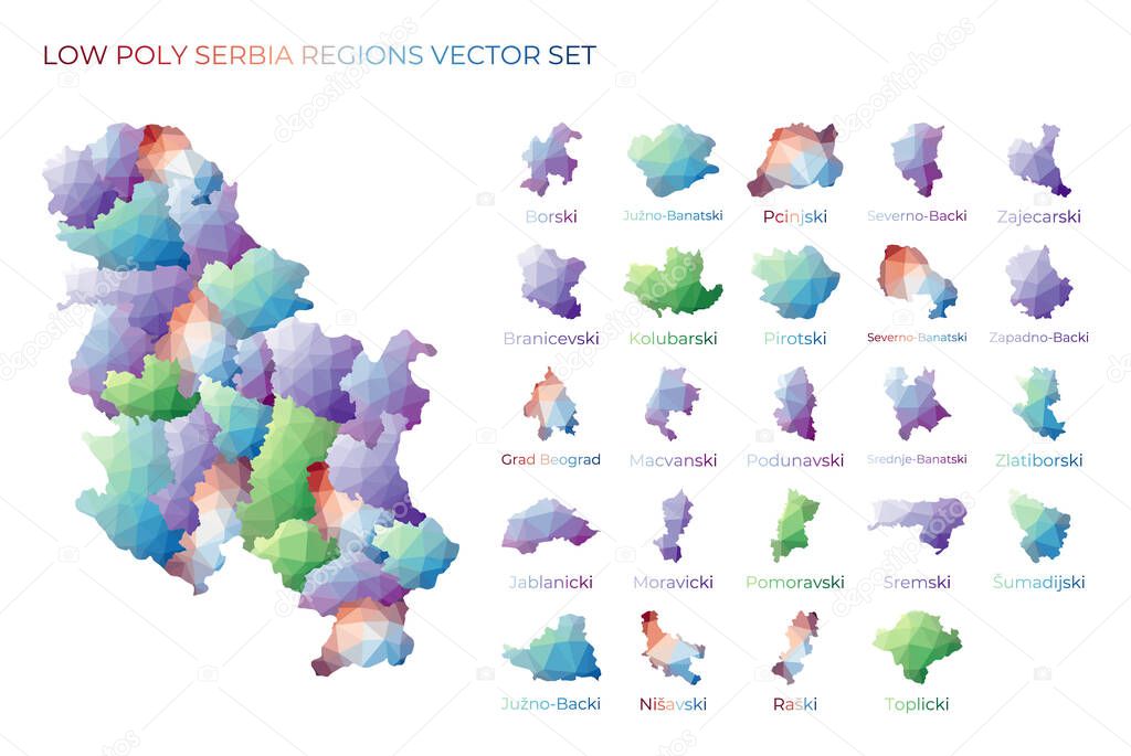 Serbian low poly regions Polygonal map of Serbia with regions Geometric maps for your design