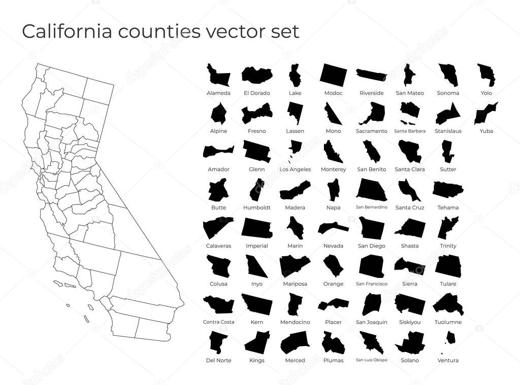 California map with shapes of regions Blank vector map of the Us State with counties Borders of