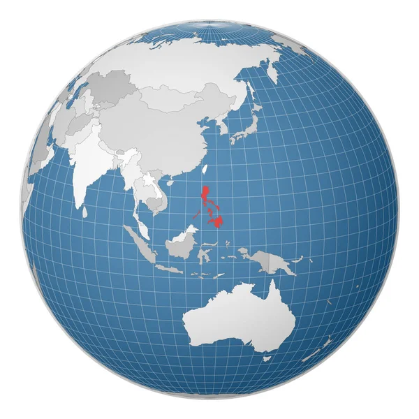 Globo centrado nas Filipinas País destacado com cor verde no mapa mundial Mundo satélite —  Vetores de Stock