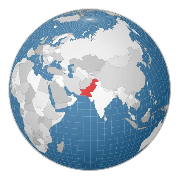 Globe koncentruje się na Pakistan Kraj zaznaczono zielonym kolorem na świecie mapa satelitarna — Wektor stockowy