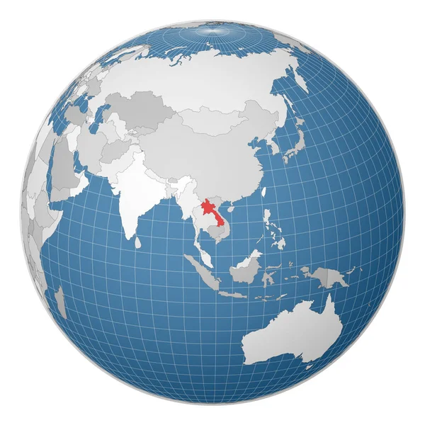 Globe centré sur le Laos Pays mis en évidence avec la couleur verte sur la carte du monde Monde satellite — Image vectorielle