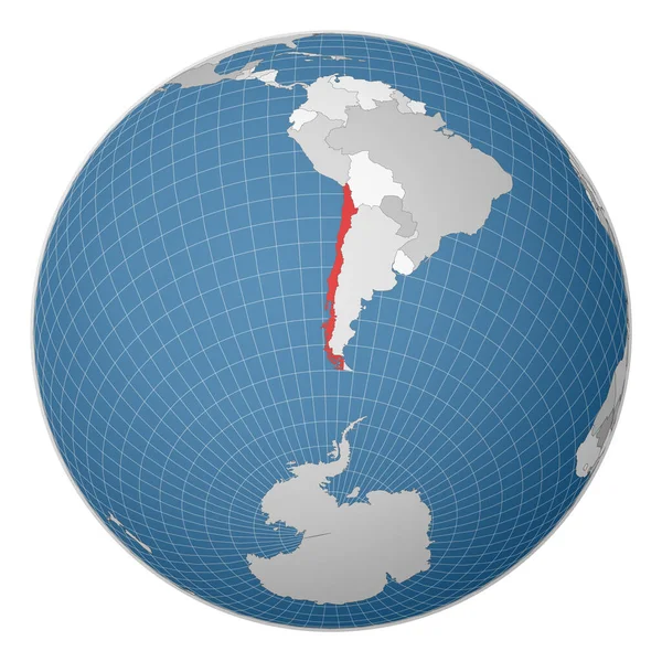 以智利为中心的地球国家在世界地图卫星世界上以绿色为亮点 — 图库矢量图片