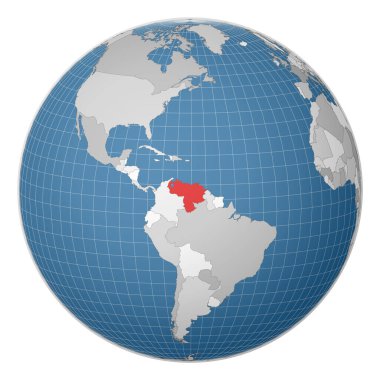 Dünya haritasında yeşil renkle vurgulanmış Venezuela Ülkesi merkezli uydu dünyası