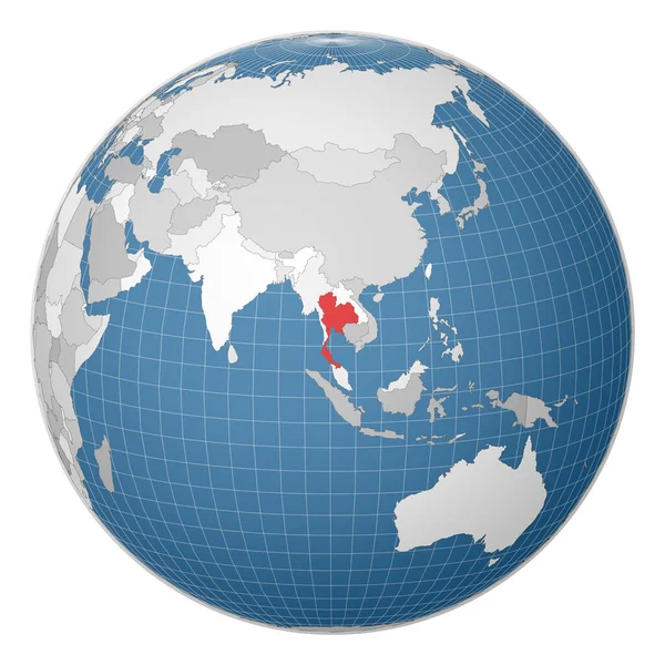 Globe centré sur la Thaïlande Pays mis en évidence avec la couleur verte sur la carte du monde Monde satellite — Image vectorielle