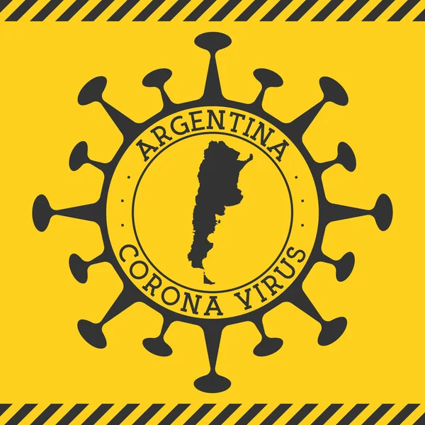 Vírus Corona na Argentina assina Insígnia redonda com forma de vírus e mapa da Argentina País amarelo —  Vetores de Stock