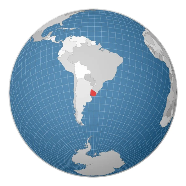 Globus zentriert auf Uruguay Land hervorgehoben mit grüner Farbe auf Weltkarte Satellitenwelt — Stockvektor