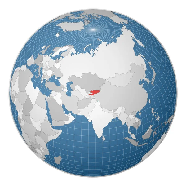 Globe centered to Kyrgyzan Χώρα τονίζεται με πράσινο χρώμα στον παγκόσμιο χάρτη — Διανυσματικό Αρχείο