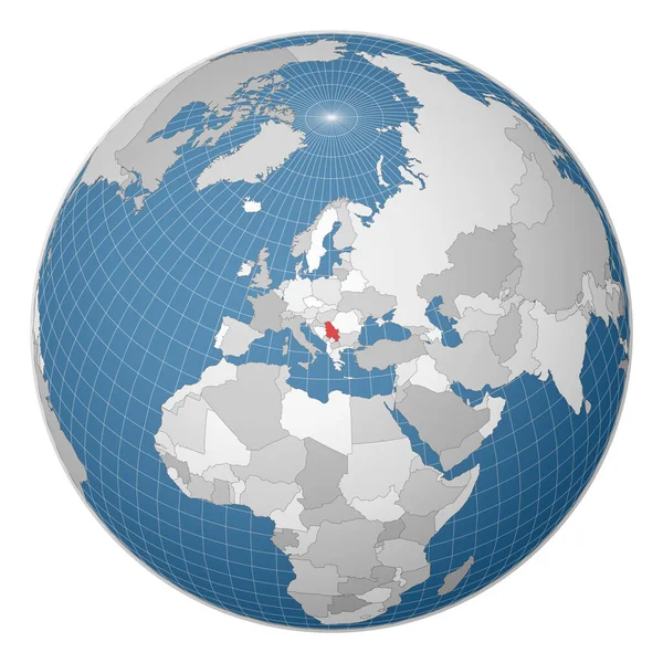 Globus mit Serbien in der Mitte Land mit grüner Farbe auf Weltkarte Satellitenwelt hervorgehoben — Stockvektor