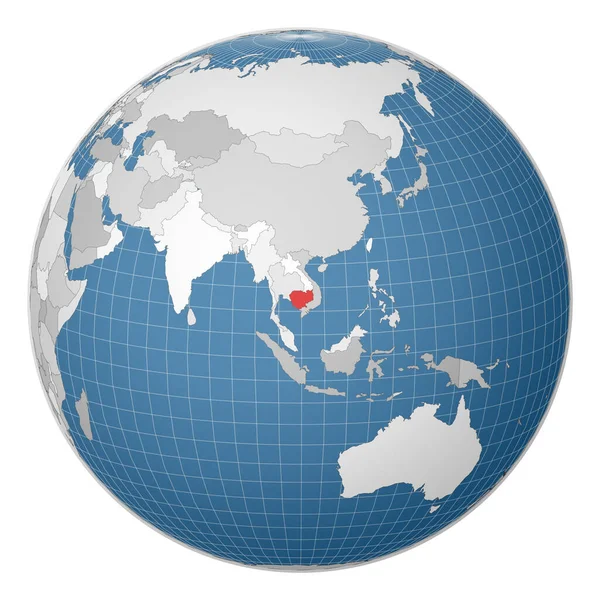 Globe centered to Cambodia Χώρα τονίζεται με πράσινο χρώμα στον παγκόσμιο χάρτη — Διανυσματικό Αρχείο