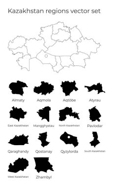 Kazakistan haritasında ülkenin boş vektör haritası ve bölge sınırları yer almaktadır.