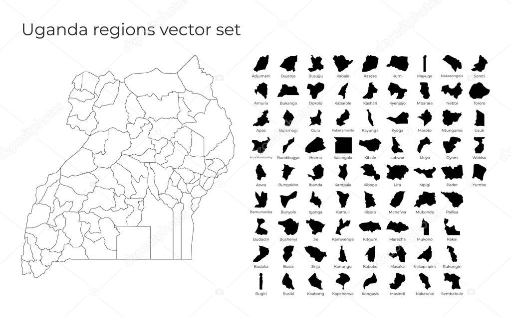 Uganda map with shapes of regions Blank vector map of the Country with regions Borders of the