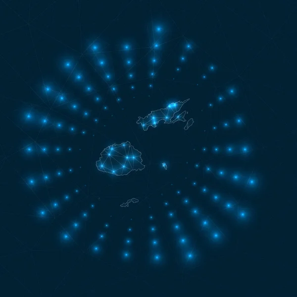 斐济数字地图：从国家网络连接和电信发出的发光射线 — 图库矢量图片