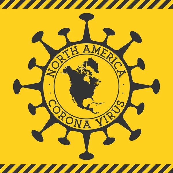 Virus Corona in Nord America segno distintivo rotondo a forma di virus e Nord America mappa Giallo — Vettoriale Stock