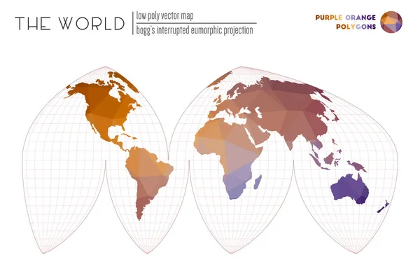 Mappa geometrica astratta del mondo Boggs ha interrotto la proiezione eumoristica del mondo Viola Arancione — Vettoriale Stock