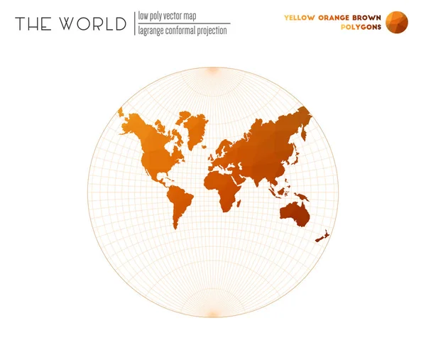 Mappa del mondo in stile poligonale Proiezione conforme Lagrange del mondo Giallo Arancione Marrone — Vettoriale Stock