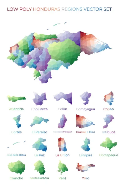 Hondurasi alacsony poly régiók Polygonal map of Honduras with regions A tervezés geometriai térképei — Stock Vector