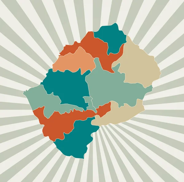 Lesotho-Karte Poster mit Landkarte in Retro-Farbpalette Shape of Lesotho with sunburst — Stockvektor