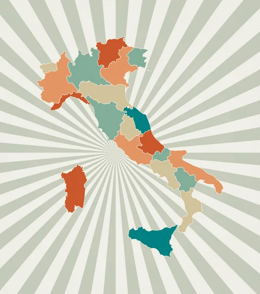 Italy map Poster with map of the country in retro color palette Shape of Italy with sunburst rays — Stock Vector