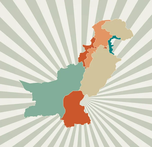 Paquistão mapa Cartaz com mapa do país em paleta de cores retro Forma do Paquistão com sunburst —  Vetores de Stock