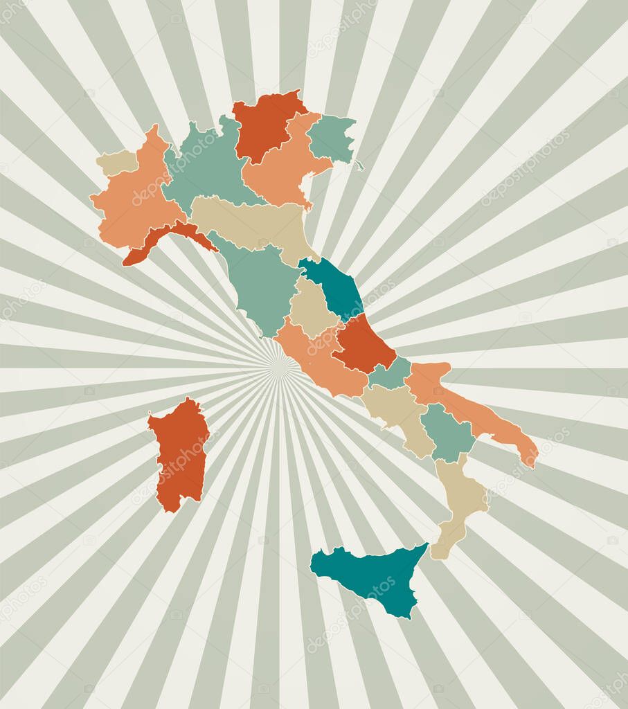 Italy map Poster with map of the country in retro color palette Shape of Italy with sunburst rays