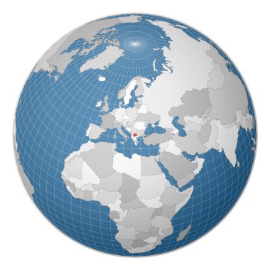 Dünya haritasında dünya haritasında yeşil renkle vurgulanan Makedonya 'ya odaklı dünya Uydu dünyası