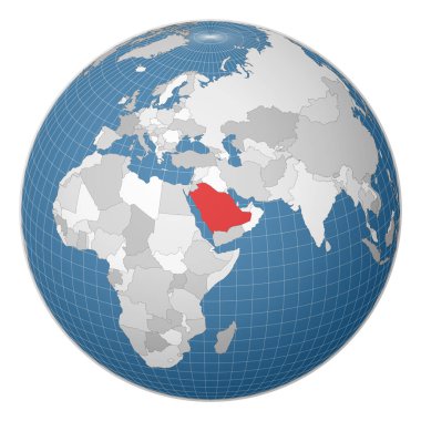 Dünya haritasında yeşil renkle vurgulanmış Suudi Arabistan Ülkesi merkezli dünya uydusu.
