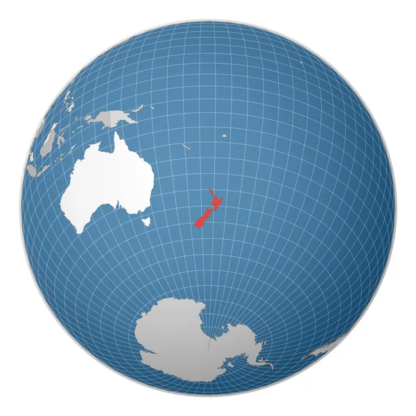 Globo centrado na Nova Zelândia País destacado com cor verde no mapa mundial Mundo satélite —  Vetores de Stock