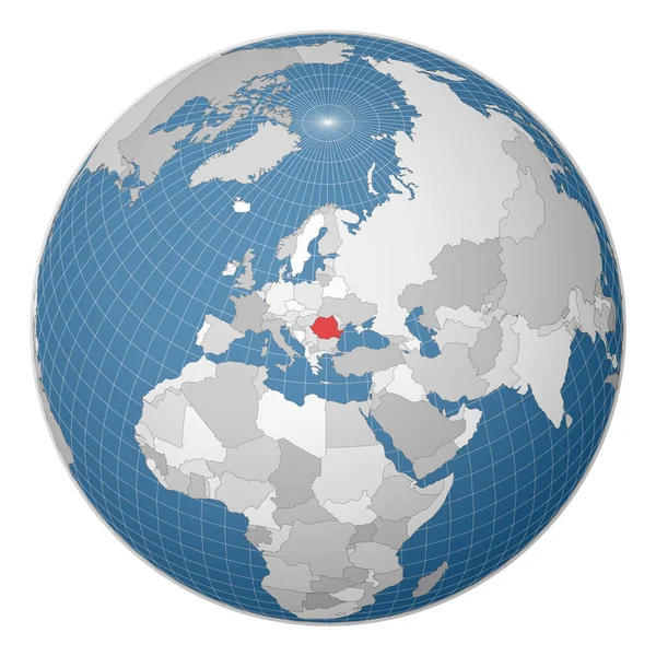 Globus mit Rumänien im Zentrum Land mit grüner Farbe auf Weltkarte Satellitenwelt hervorgehoben — Stockvektor