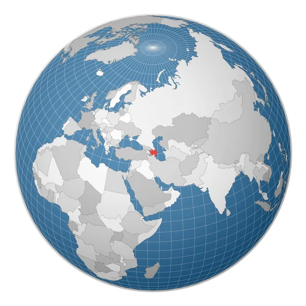 以阿塞拜疆为中心的地球国家在世界地图卫星世界上以绿色为亮点 — 图库矢量图片