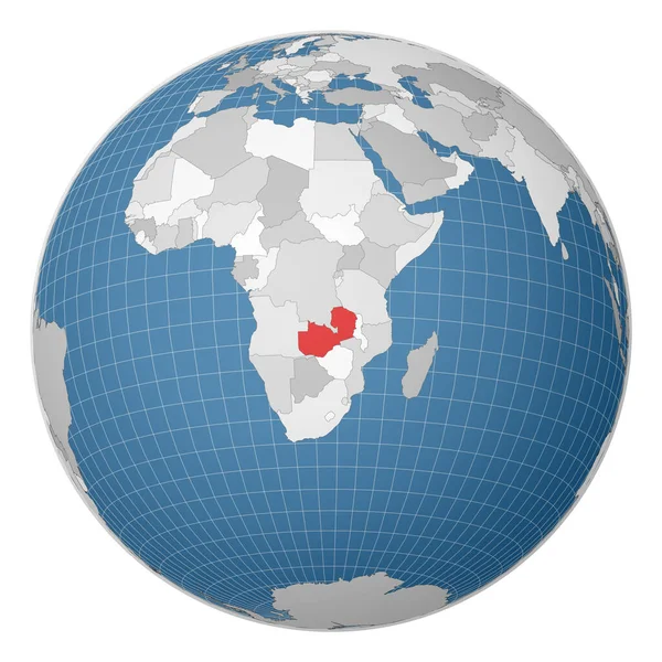 Globo incentrato sullo Zambia Paese evidenziato con il colore verde sulla mappa del mondo Satellite world — Vettoriale Stock