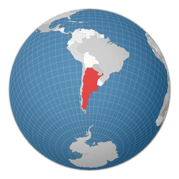Globo centrado na Argentina País destacado com cor verde no mapa mundial Mundo satélite —  Vetores de Stock
