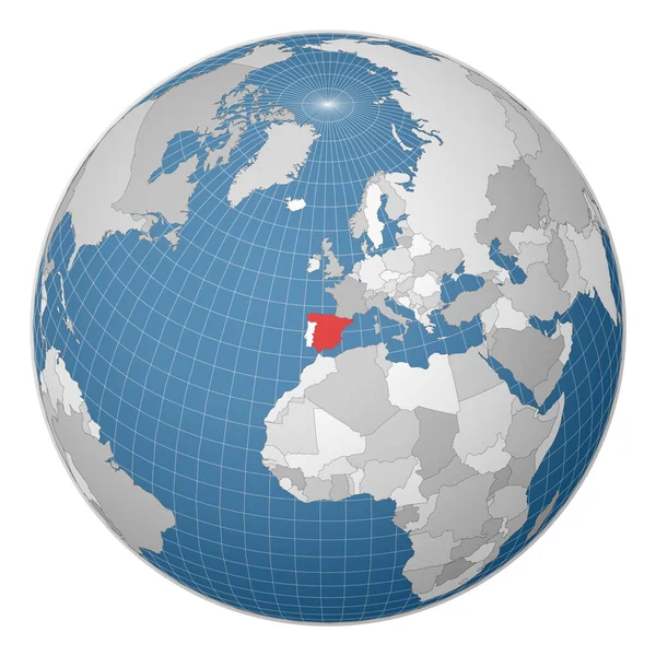 지구를 중심으로 스페인 나라를 중심으로 세계 지도 위성 세계에 초록색으로 강조되어 있는 지구 — 스톡 벡터