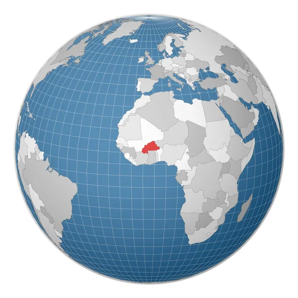 Globe centered to Burkina Faso Country τονίζεται με πράσινο χρώμα στον παγκόσμιο χάρτη — Διανυσματικό Αρχείο