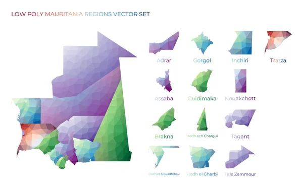 Moritanya 'nın düşük poligonal bölgeleri Moritanya' nın coğrafi haritaları ve bölgeleriniz için Geometrik haritalar — Stok Vektör