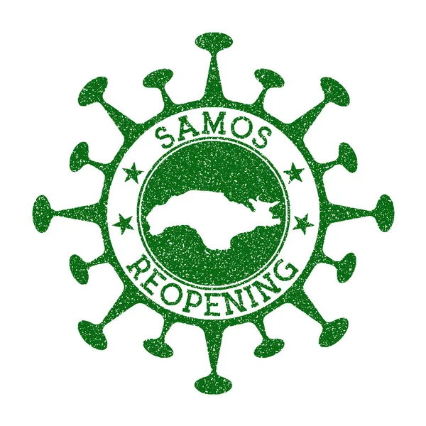 Samos reapertura sello verde ronda insignia de la isla con el mapa de la apertura de la isla de Samos después del bloqueo — Vector de stock